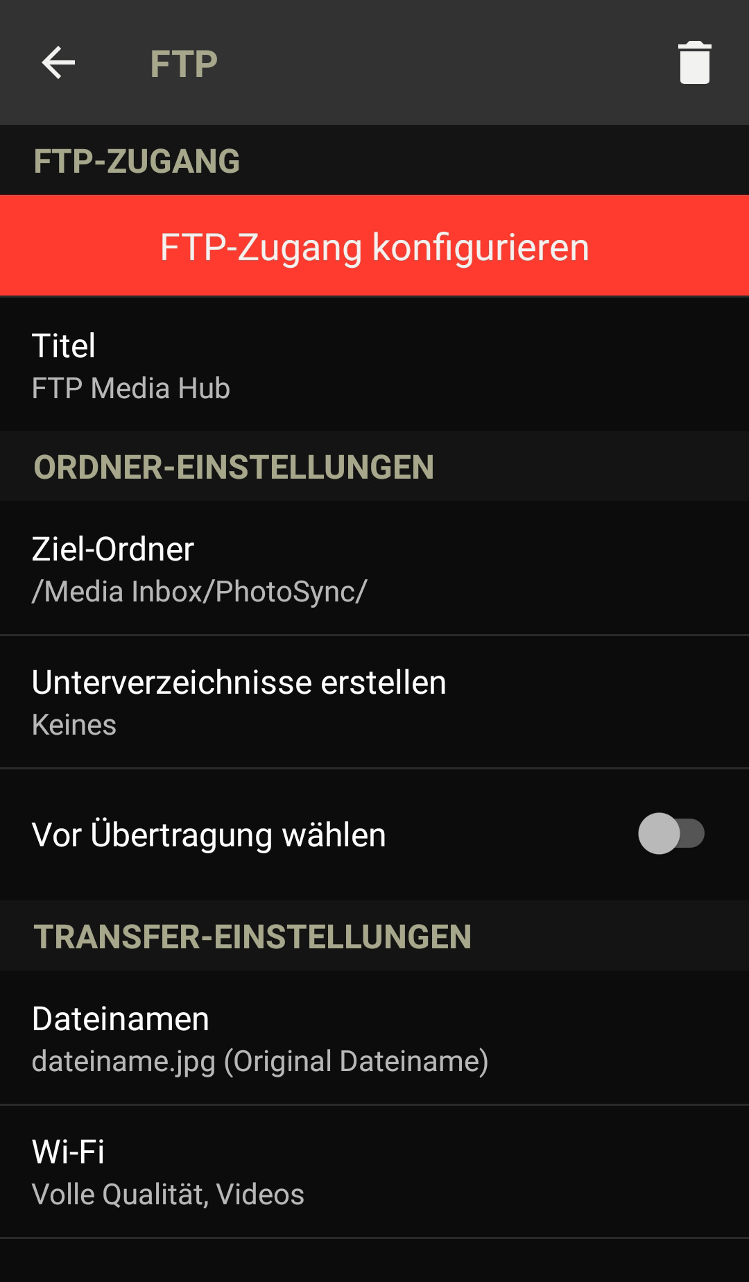 Screenshot PhotoSync - FTP-Konfiguration