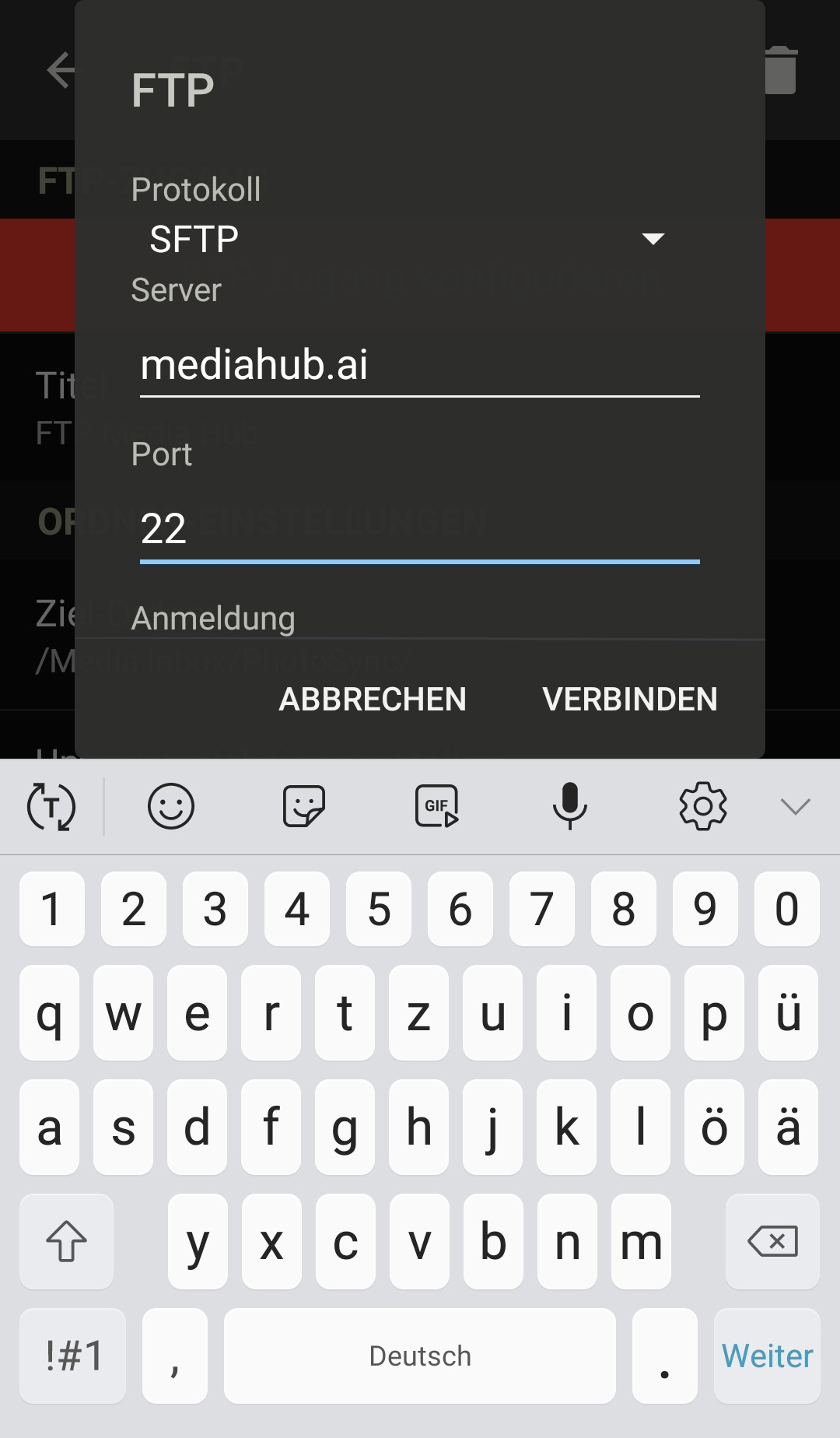 Screenshot PhotoSync - FTP-Konfiguration