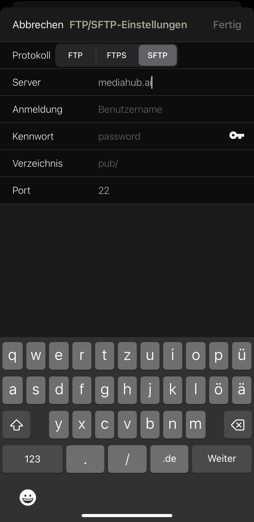 Screenshot PhotoSync iOS - SFTP-Konfiguration