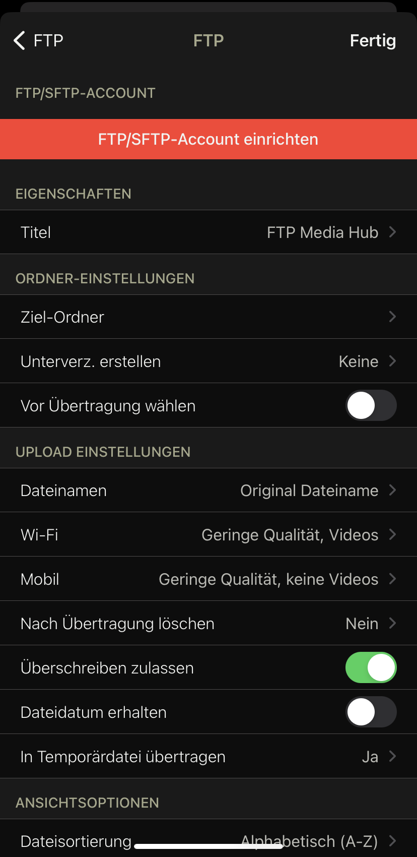 Screenshot PhotoSync iOS - SFTP-Konfiguration