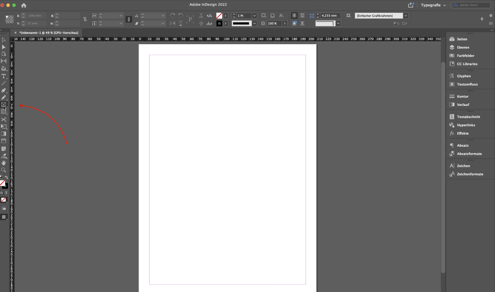 Screenshot Adobe InDesign - Select Rectangular Frame toolbar