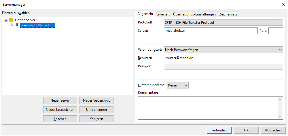 Screenshot: Create an entry in FileZilla's server manager