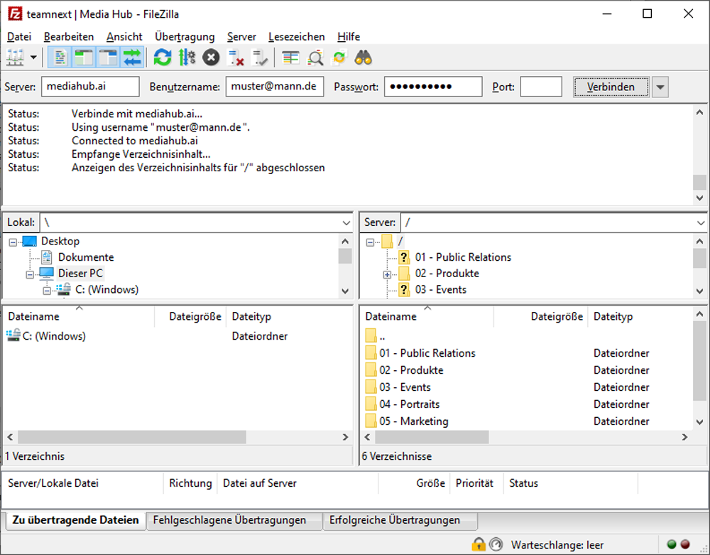 Screenshot: successful SFTP connection with FileZilla client